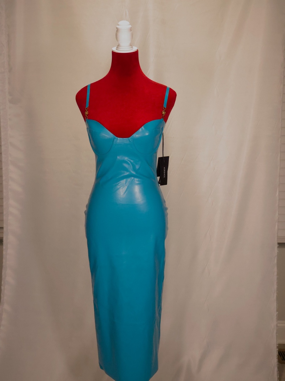 Versace Turquoise Latex Midi Dress with Spaghetti Straps
